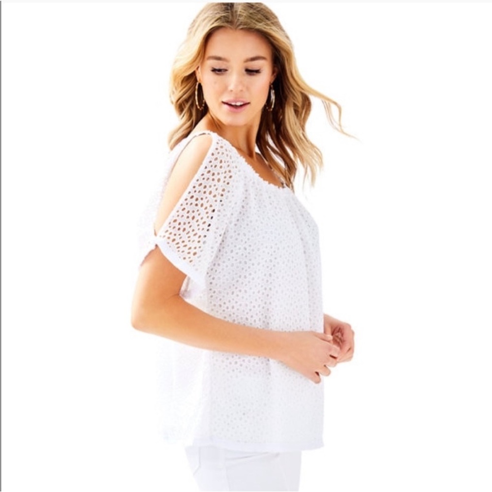 Lilly Pulitzer Lillette Cold Shoulder Top S Resort White Eyelet Crinkle Chiffon